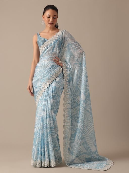 Blue Satin Saree with Printed Detail with Unstitched Blouse