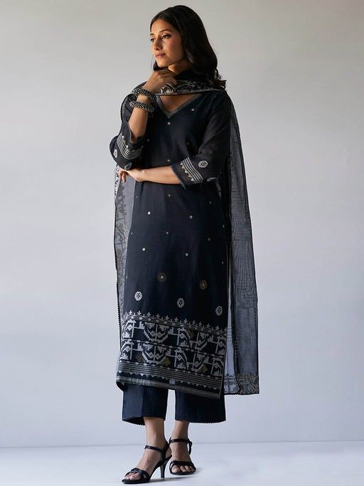 Black Woven Kurta With Viscose Chanderi Dupatta (Set of 3)