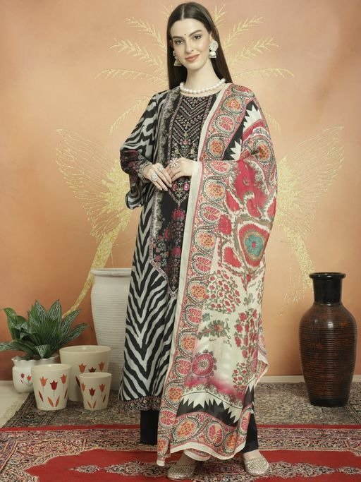 Black Muslin Digital Print Unstitched Kurta, Bottom & Dupatta (Set of 3)