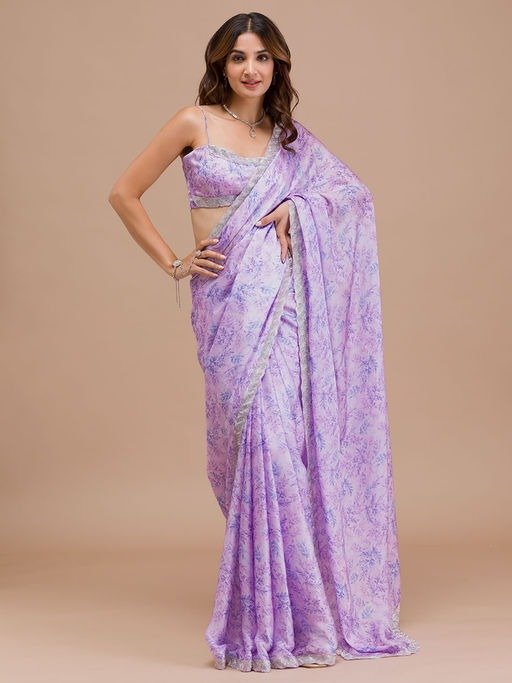 Lavender Leaf Printed Satin Saree with Unstitched Blouse