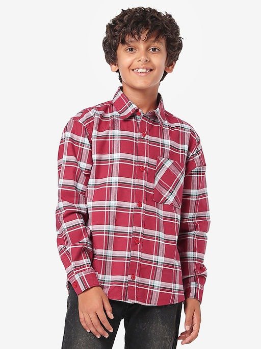 Boys Full Sleeves Checkered Shirt - Maroon