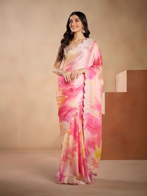 Rangeen Gypsy Fuchsia Water Colour Print Diamonte Chinon Saree GGSAR07 (Free Size)