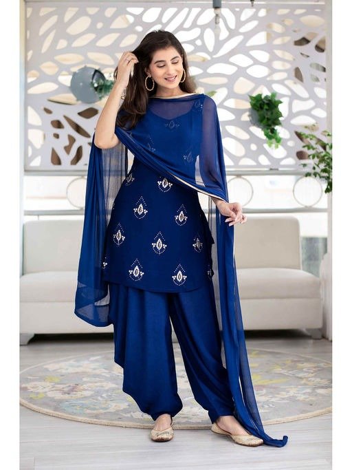 Deep Blue Patialla And Kurta With Dupatta (Set Of 3)