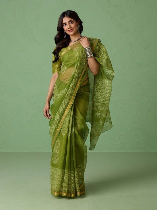 Pure Kota Doria Authentic Hand Block Print Green Saree with Unstitched Blouse LIKKOTA01