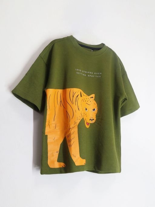 Olive Animal Patch Round Neck Summer T-Shirt