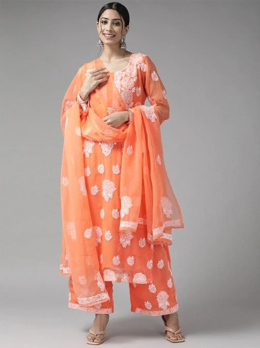 Hand Embroidered Orange Georgette Lucknowi Chikankari Unstitched Dress Material (Set of 3)