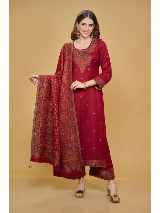 Womens Maroon Acro Wool Woven Unstitched Suit and Dupatta (Set of 3)